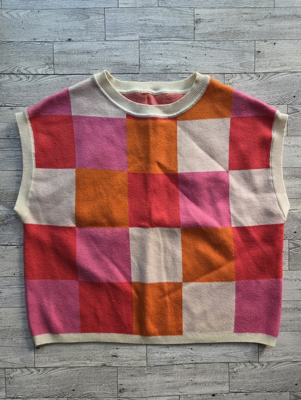 Colorblock Plaid Sweater Vest Pink Orange Cream Knit Top Size Small